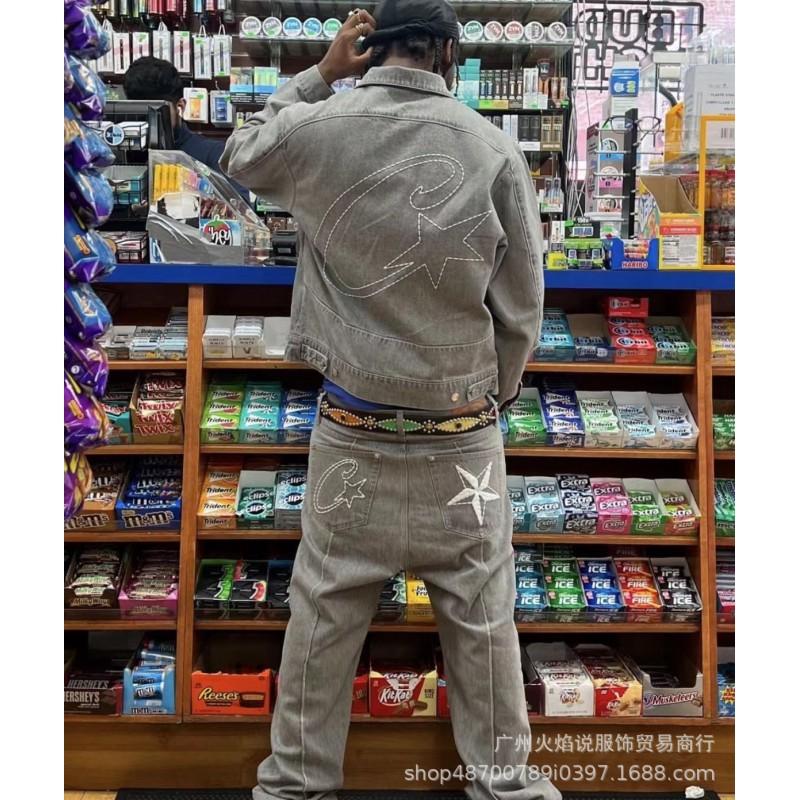Mens Relaxed Fit Denim Jacket Pants Set Vintage Western Style Casual Outfit Gray Black
