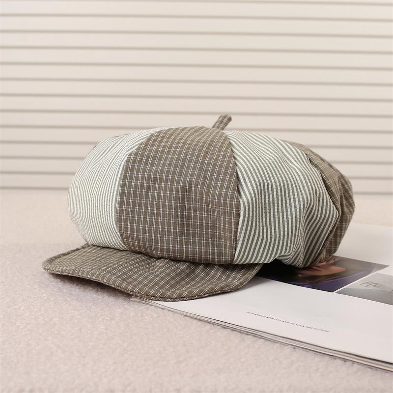Plaid beret female summer retro painter hat big head circumference showing face small newsboy hat spring and autumn cloud octagonal hat