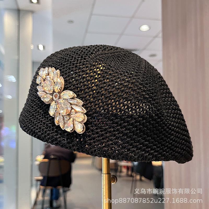 Spring and summer new fashion heavy industry rhinestone cap women's outdoor versatile light luxury handmade full of diamonds thin newsboy hat