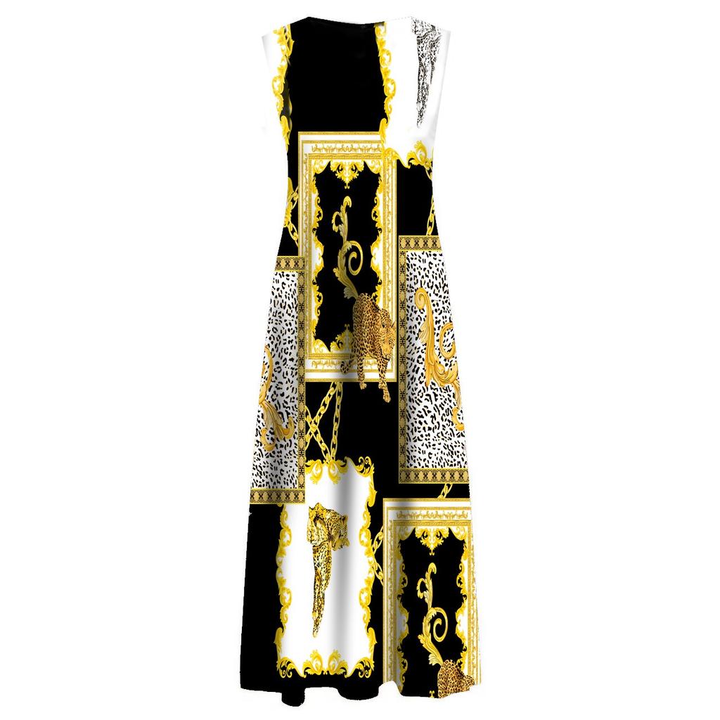 Women's Casual Printing Big Hem Dresswave Round Neck Sleeveless Long Dress