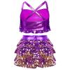 Girls Jazz Dance Performance Costume Glittery Sequins Tiered Ruffles Cross Back Metallic Crop Top Culottes Set