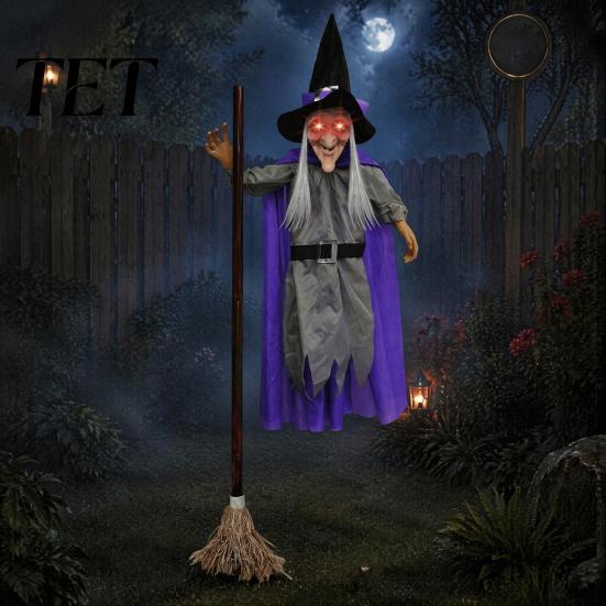 Haunted House Thrilling Surprises 180cm Halloween Props, Flying Witch Decoration with Scary Sounds & Lights, Outdoor Hanging Decor for Garden