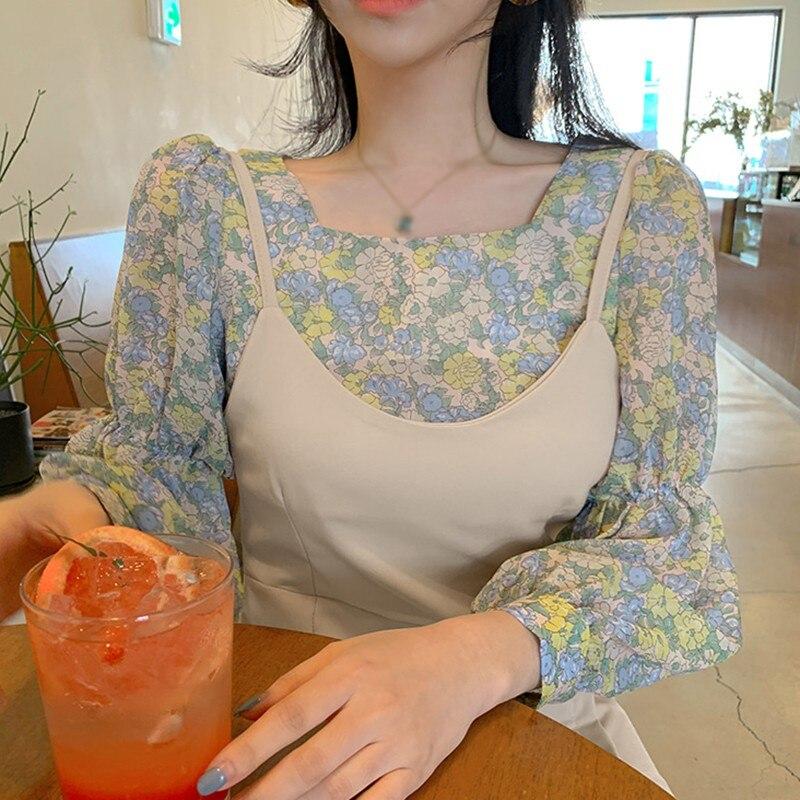 Women's Floral Shirt Korean Style Square Collar Sexy Sweet Long Sleeves Chiffon Blouse Tops