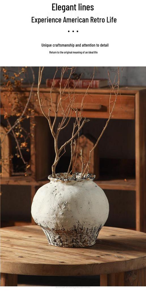 Rustic White Distressed Zen Pottery Jar for Dried Flowers - Chinese Style Vase Ornament for Home or Hotel Decor