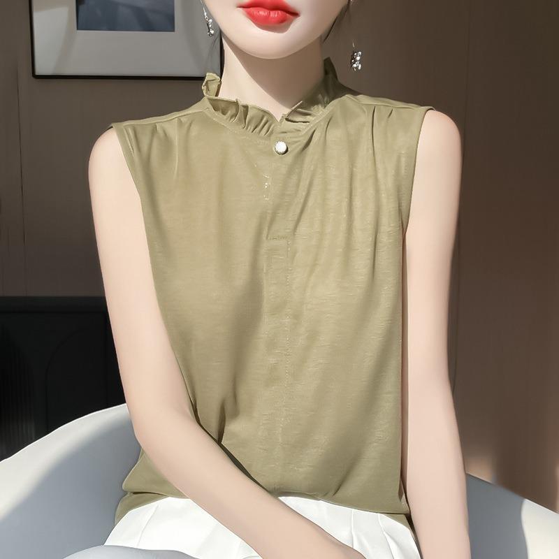 Women's Spring and Summer New Retro Style Half-high Round Neck Wooden Ear Edge Jacquard Hollow Loose Sleeveless Vests