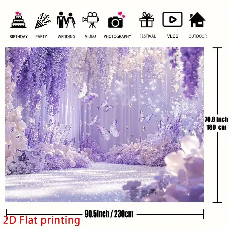 Magical Purple Floral Tapestry, Dreamy Garden with Hanging Wisteria, Butterflies and Soft Sparkles, Romantic Wall Art