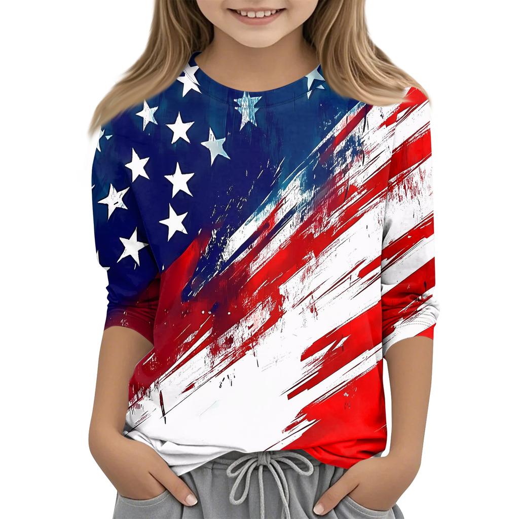 Children's 3/4 Sleeve Tops Casual Print T Shirt Round Neck Pullover Blouse