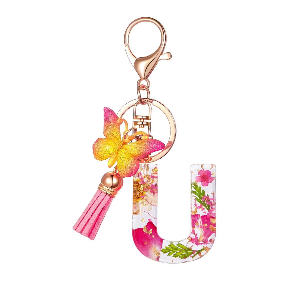 Flower Resin Keychain With Tassels And Butterfly Design 26 Letters Pendant Classic Retro Practical Durable Backpack Hanging Accessory