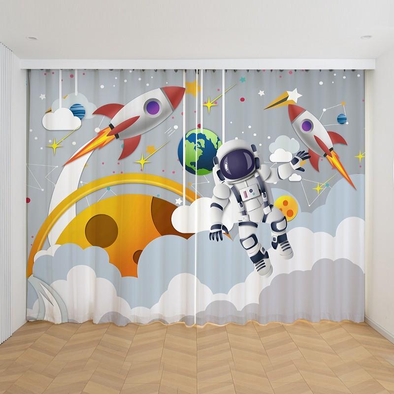 2 szt. Niestandardowe Kreskówkowe Zasłony z Motywem Kosmosu, Rakiety Kosmicznej dla Dziecięcej Sypialni, Salonu, Dekoracji Okiennych, Zasłony Kuchenne