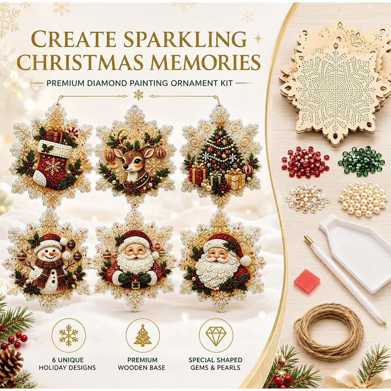 6PCS Christmas Wooden Ornaments DIY Kit Unfinished Diamond Painting Beads for Tree Hanging Holiday Home Craft Decor Supplies