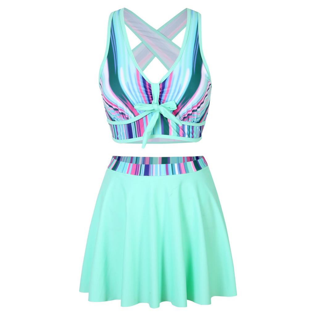 2024 Damen Europäischer & Amerikanischer Konservativer Print Bikini Badeanzug mit Rock