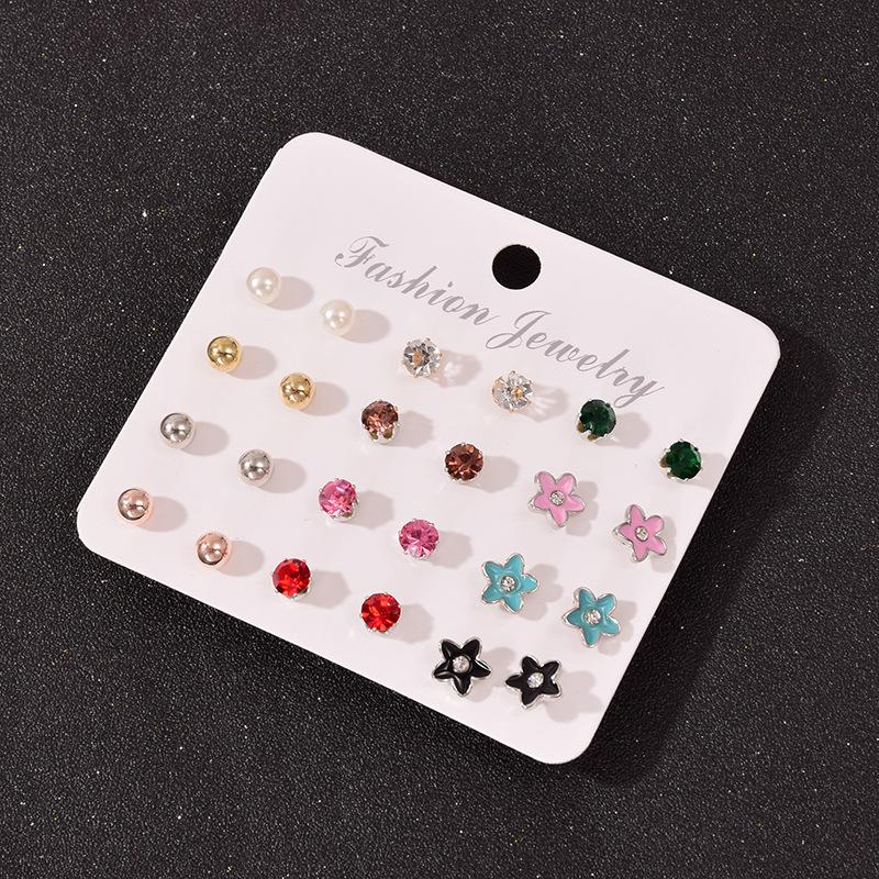 11 to one card European and American simple oil drop stud earrings set combination, cute flower alloy earrings