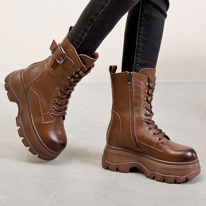 Fashion GKTINOO Retro Style Women High Heel Genuine Leather Mid-Calf Boots 2025 Autumn Winter Warm Platform Booties Zip Zapatos Mujer
