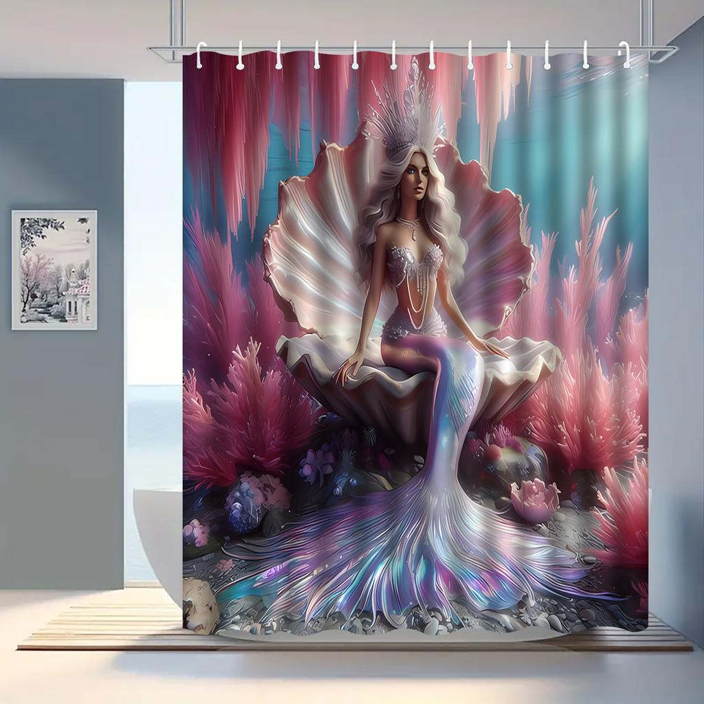 Mermaid Shower Curtain Fantasy Sea Princess Art Shell Throne Design Magical Ocean Decor Waterproof Printed Bath Curtain Home