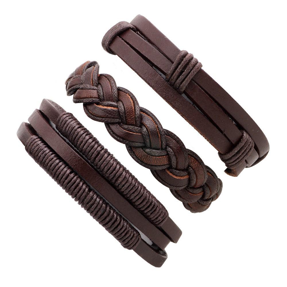 Men's Retro Multi-Strand Cowhide Anchor Bracelet Set with Wood Beads