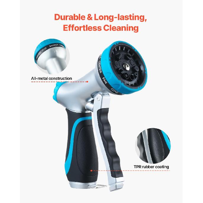 VEVOR Hose Nozzle, 10 Adjustable Spray Patterns, Metal Water Nozzle with Comfortable Ergonomic Grip, Garden Nozzle Sprayer with Flow Control for