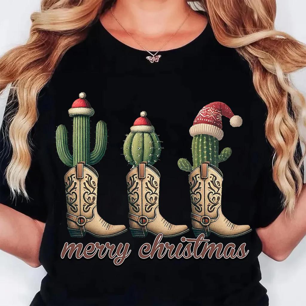 Ladies Merry Christmas Cute Christmas Boots Cartoon Print Regular Casual Daily Short Sleeve Round Neck Womens Tshirt