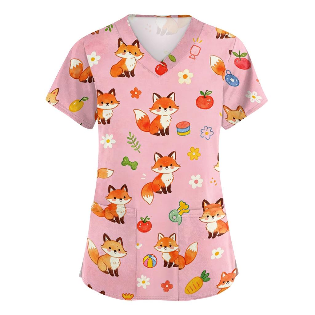Women V Neck Short Sleeve Work Shirt with Pockets Animal Print Top for Healthcare Professionals Nurses Veterinary Staff