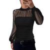 Women Spring Autumn New Pearl Mesh Patchwork Long Sleeve Blouse Top