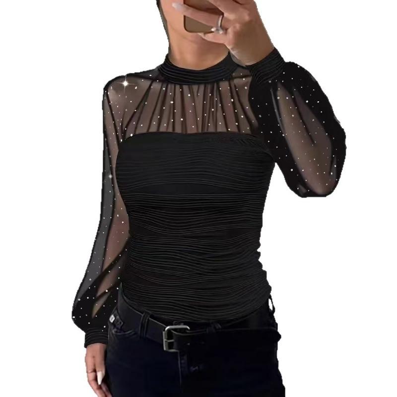 Women Spring Autumn New Pearl Mesh Patchwork Long Sleeve Blouse Top