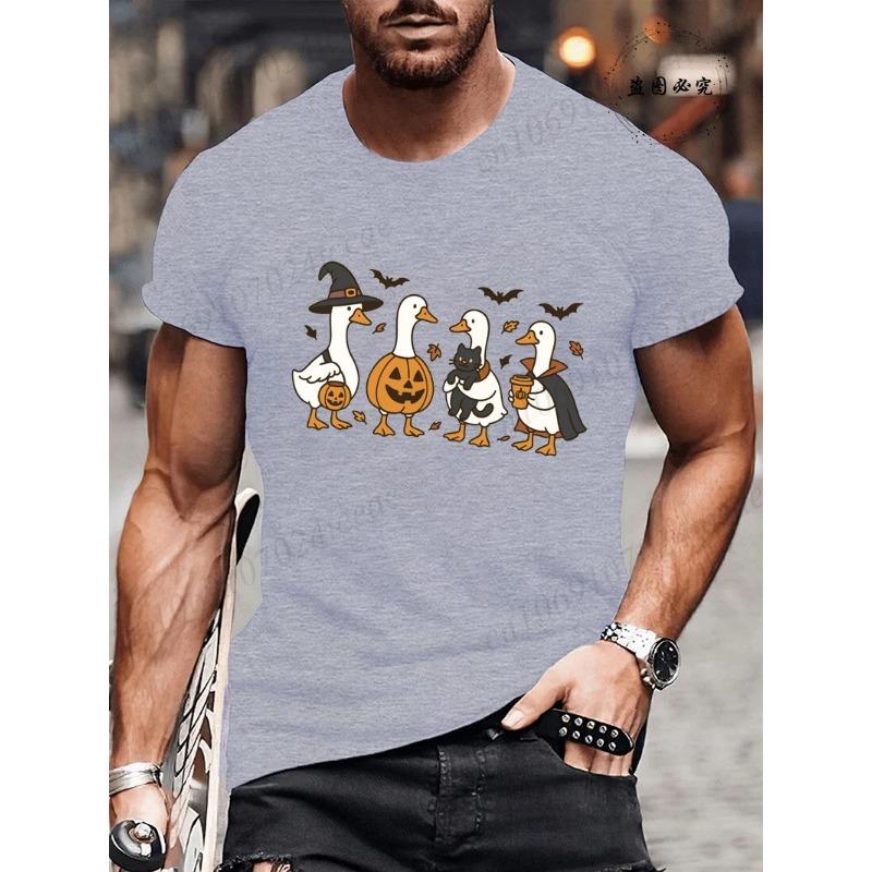 Summer Round Neck Halloween Ghost & Goose Graphic 3D Print T-shirts Fashionable Casual Short Sleeved Men's T-shirts