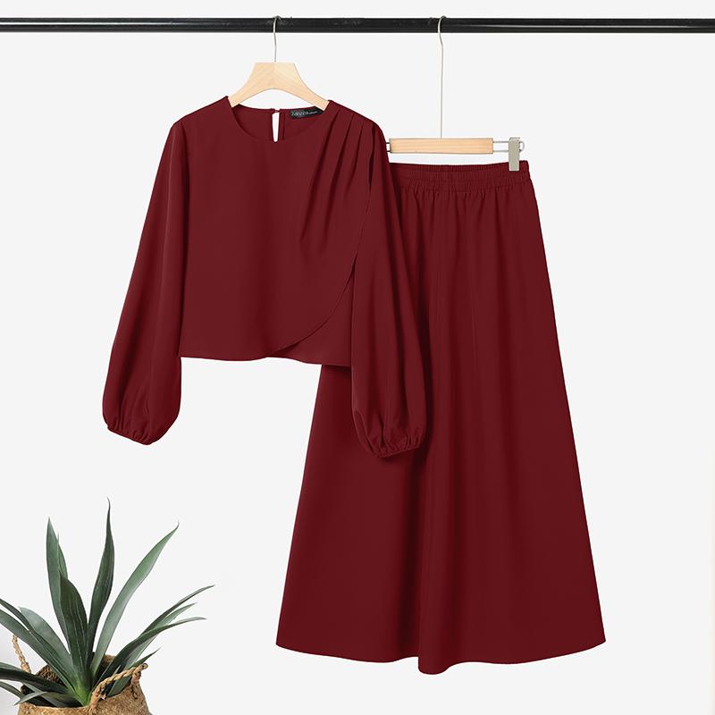 

ZANZEA Женская блузка с длинным рукавом и брюки повседневный комплект из двух частей S ржавый