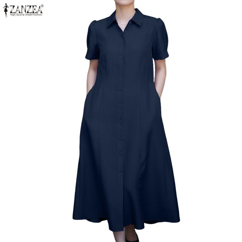 ZANZEA Women Casual Turn Down Collar Short Sleeve Summer Shirt Dress