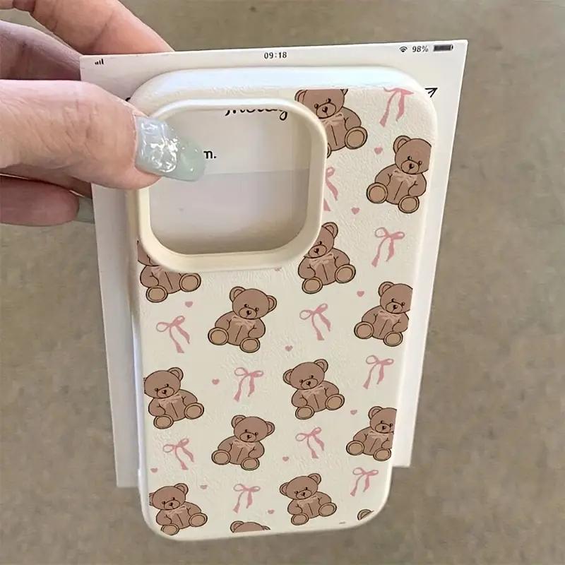 Cute Brown Bear Pink Bow Pattern Design Protective Cover for iPhone 17 16 15 14 13 12 11 16E Series Pro Max Plus