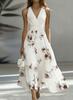 New European and American commuter vacation style v-neck floral dress, waist pendulum medium and long elegant style dress