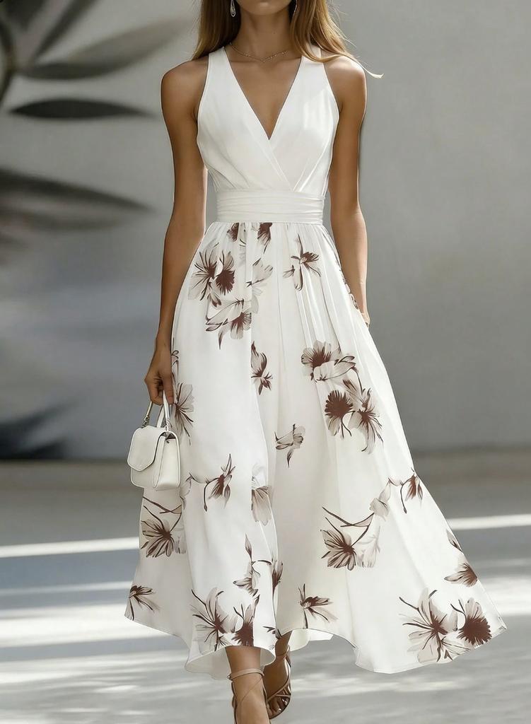 New European and American commuter vacation style v-neck floral dress, waist pendulum medium and long elegant style dress