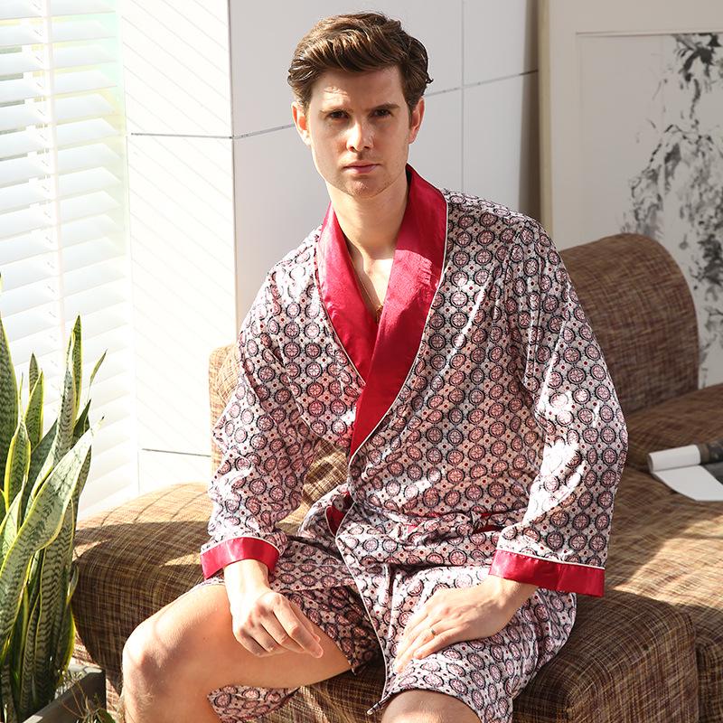 Men's Plus Size Silk-Feel Yukata: Lightweight Long-Sleeve Summer Robe & Pajamas