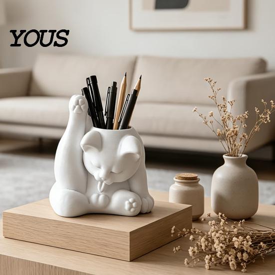 Cat Pen Holder Holder, Cute Resin Desk Organizer, Funny Figurine, Themed Stationery Decorative Storage Statue for Office Supplies, Creative