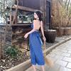 Vacation Style Retro French Fairy Plaid Long Dress Blue Halter Neck Dress Beach Dress Seaside
