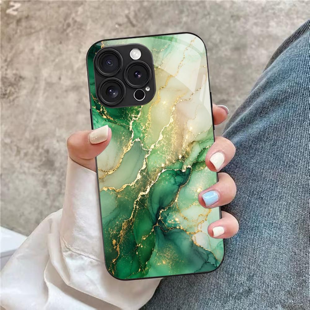 Marble Fluid Texture Glass Phone Case For iPhone 16 15 14 13 12 Pro Max Soft Silicone Anti Fingerprint Hard Protective Cover