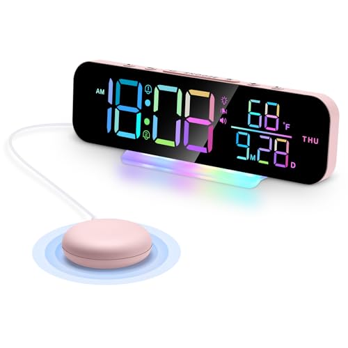 LAEYI Vibrating Alarm Clock, 3 Alarm Modes, RGB Loud Sound, Table Clock, Wall Clock for the Elderly/Blind, Brightness Adjustment, Temperature Display,