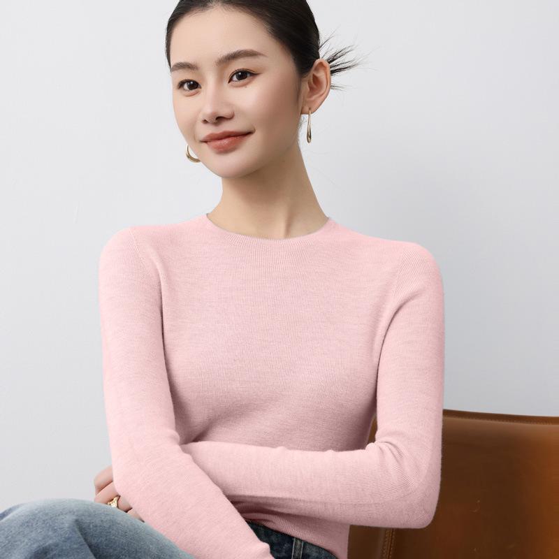 

Бесшовный пуловер с круглым вырезом из мериносовой шерсти Shima Seiki: Высококачественный облегающий базовый слой с длинным рукавом из тонкой пряжи