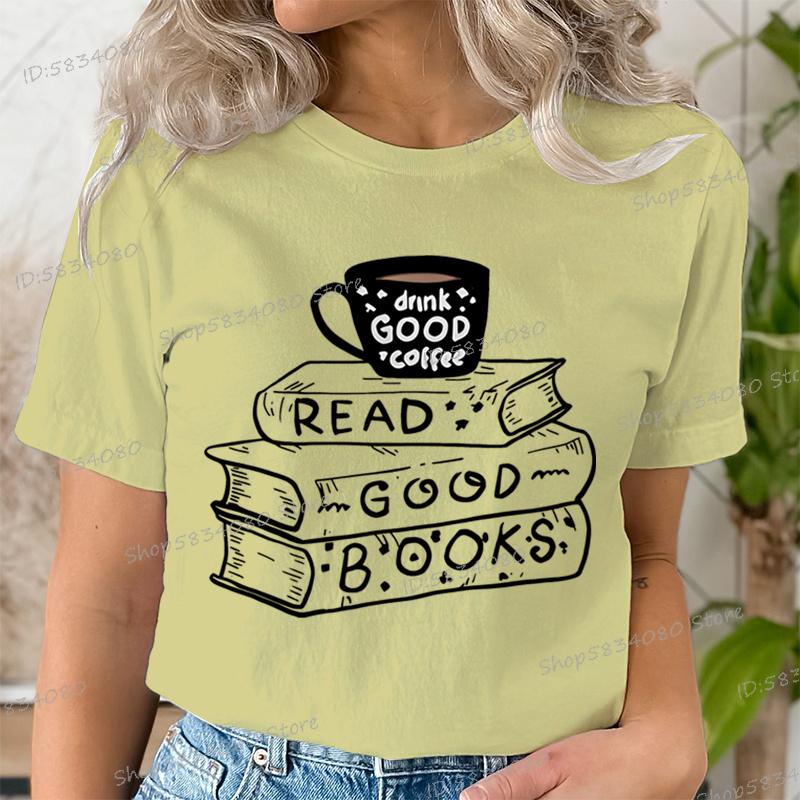 Casual Vintage Book Coffee T Shirt Women Trendy Bookish Short Sleeve Tshirt Book Lover Party Gift Coffee Lover Summer Clothes