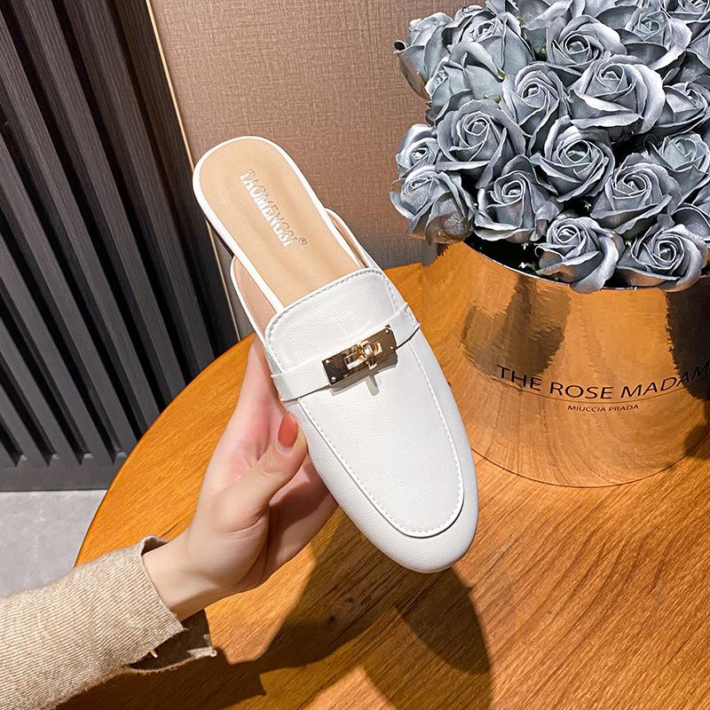

-A [] Detail control must buy lock lock leather bag head half drag women s Muller slippers outer wear 33 абрикосовий