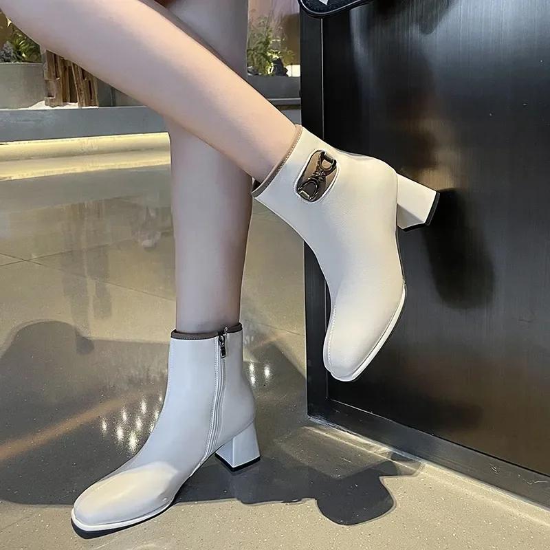 

Модные трансграничные ботильоны большого размера на высоком каблуке для женщин 2024 осень-зима новые простые модные ботильоны с квадратным носком и толстым каблуком 35 бежевый