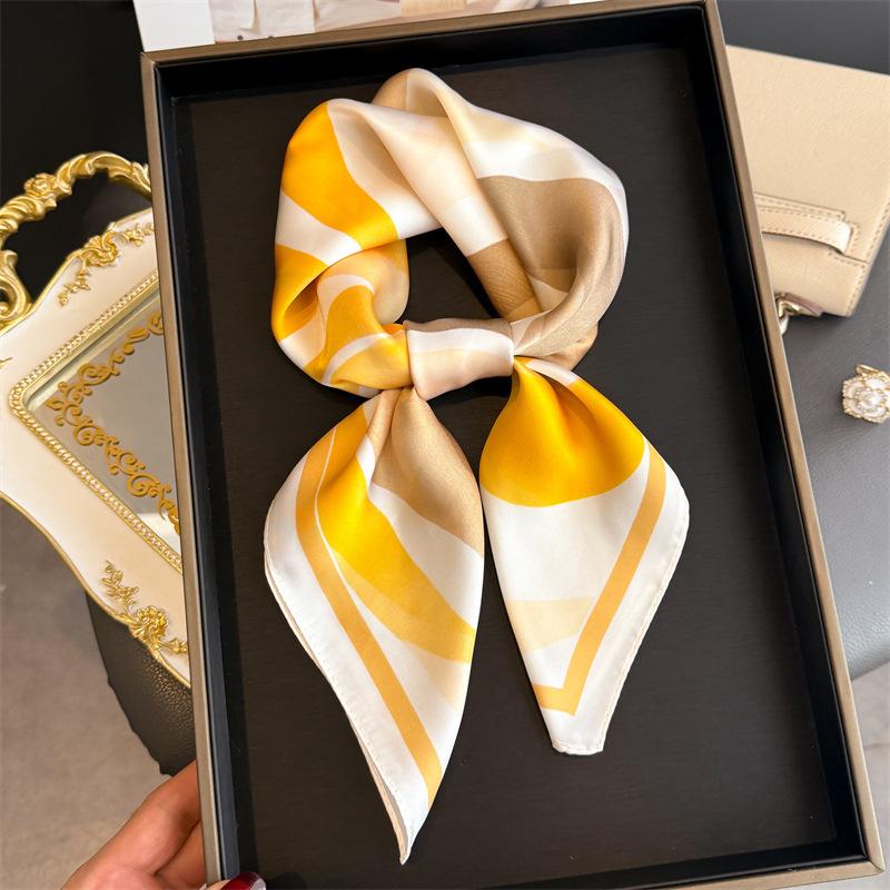 

70 Cm Fashion Square Silk Scarf for Women Satin Headscarf Shawl Stripe Gradient Color Design Headband Hijab Bandana Wrap 70X70 CM