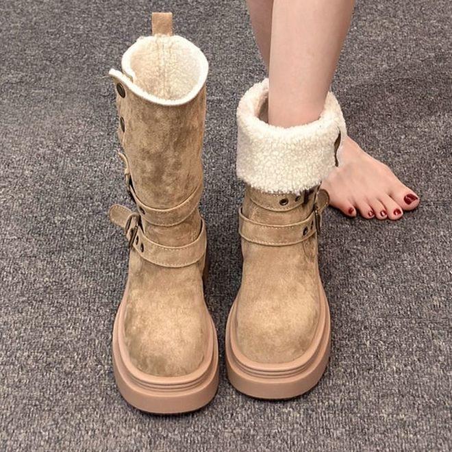 Britisch-Amerikanische Martin-Samt-Schneestiefel mit dicker Sohle für Damen, Retro, Neu, Winter, Hoher Schaft, Erhöhende Martin-Stiefel