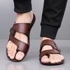 Men Black Leather Slippers Simple Flats Summer White Outdoor Brown Open Toe Wide Head Beach Shoes Plus Size