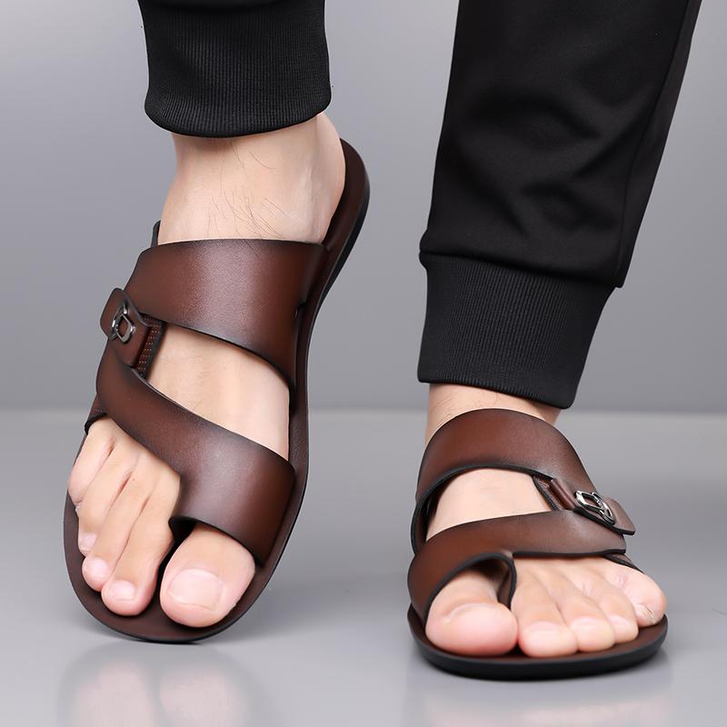 Men Black Leather Slippers Simple Flats Summer White Outdoor Brown Open Toe Wide Head Beach Shoes Plus Size