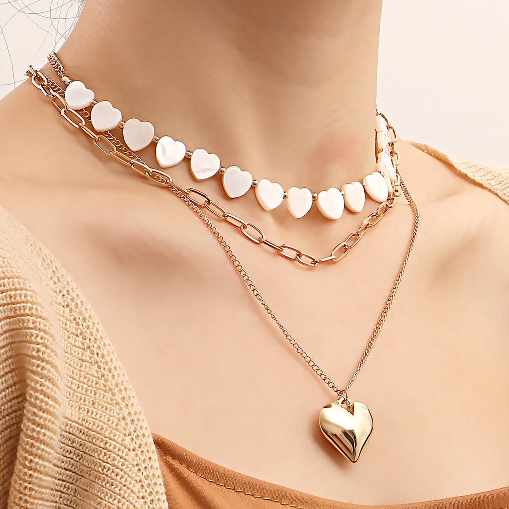 European and American Style Multi-layer Imitation White Fritillary Love Pendant Necklace Female Exaggerated Big Peach Heart Necklace