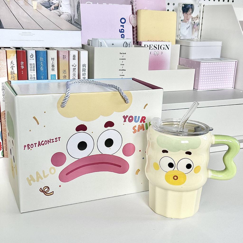 Cute cute clown straw cup high value ceramic mug with lid funny couple drinking cup birthday gift
