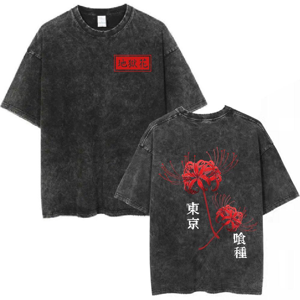 

Anime Tokyo Ghoul Spider Lily Vintage Washed T Shirt Men Women Kaneki Ken Manga Graphic Tee Shirt Cool Cotton T-Shirts Oversized S