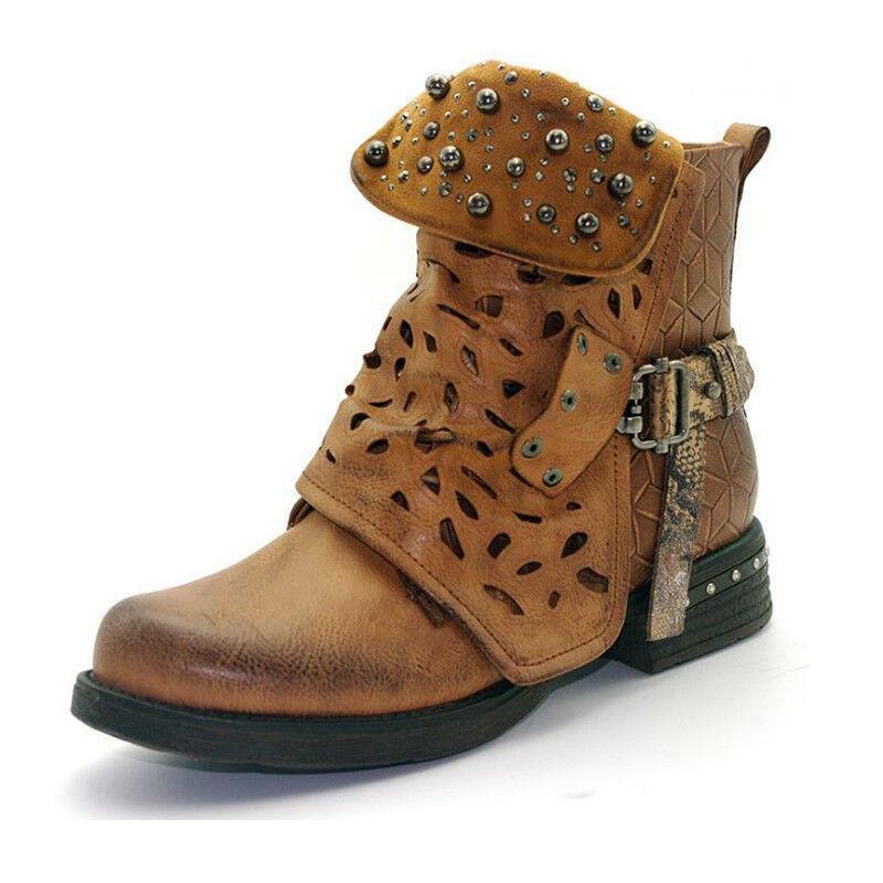 Womens Studded Goth Ankle Boots Timeless Chelsea Hollow Punk Buckle Martin Shoes