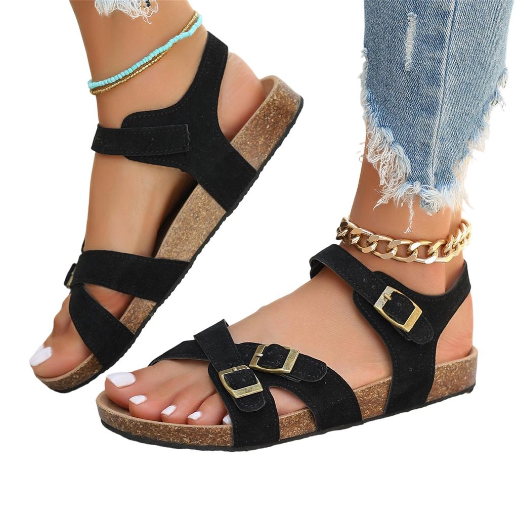 Women's Plus Size Casual Sandals Cross Strap Adjustable Buckle Footbed Comfort Summer Shoes Flat Sole Lightweight Slip On