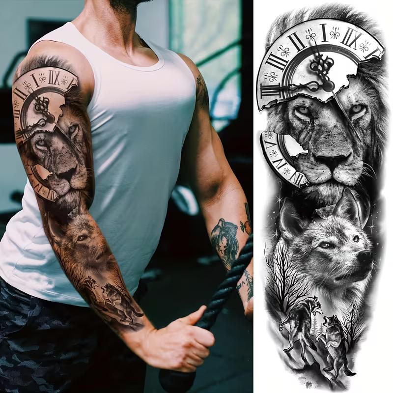 Lion & Wolf Tribal Temporary Tattoo Sleeve - 4 Sheets, Large Full Arm Fake Tattoos for Men & Women, Long-Lasting Black Body Art Stickers