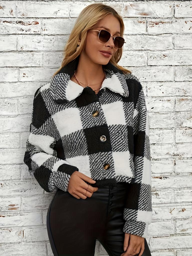 Plaid Pattern Button Front Teddy Coat All-match Long-sleeved Winter Warm Jacket Women's Clothing